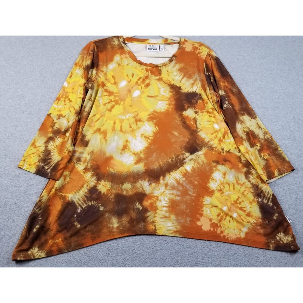 LOGO Lori Goldstein Tunic Top Women's Large L Orange Yellow Tie Dye SmileyWorld